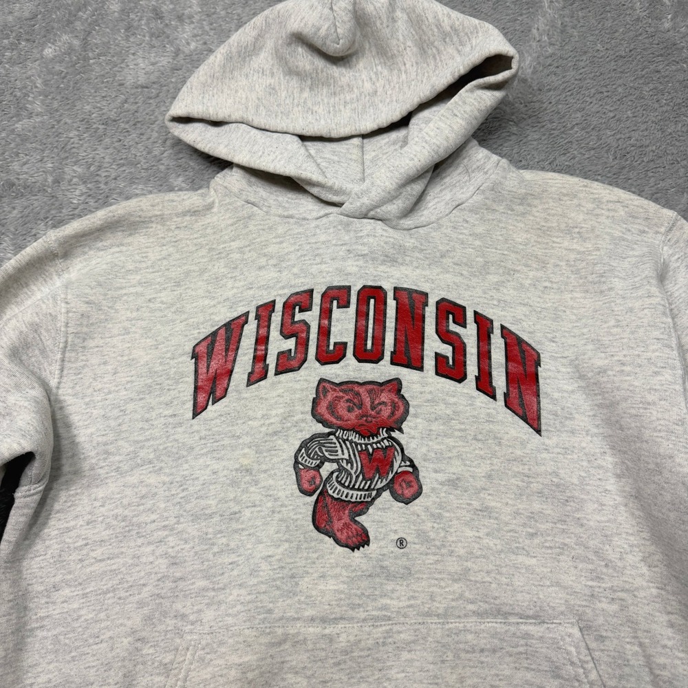 Vintage Wisconsin Badgers Hoodie Mens L Gray Sweatshirt Football Bucky 90s USA - Picture 2 of 12
